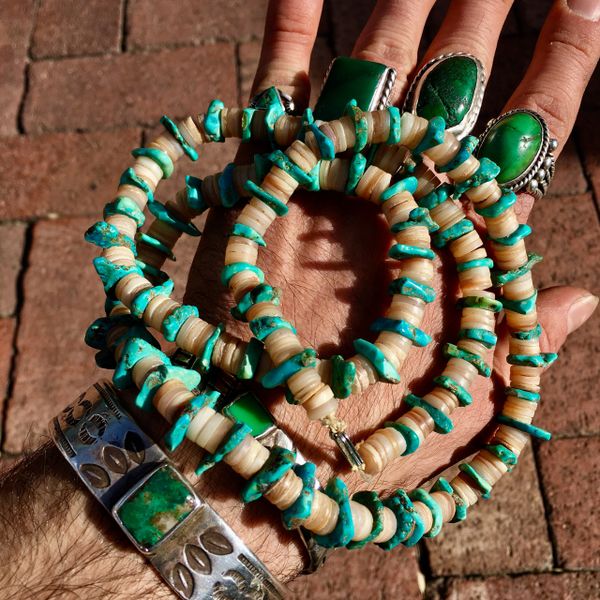 SOLD 1890s PUMP DRILLED TURQUOISE CHIPS & HAND ROLLED SHELL NECKLACE