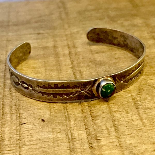 SOLD 1910s INGOT STAMPED SILVER ROUND GREEN TURQUOISE CHILD'S BRACELET