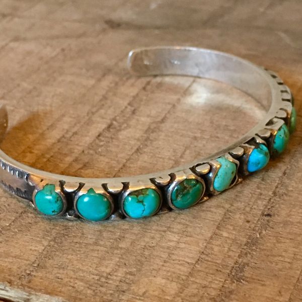 SOLD 1920s WELL WORN BLUE GREEN TURQUOISE INGOT STAMPED SILVER SMALL WRIST CUFF