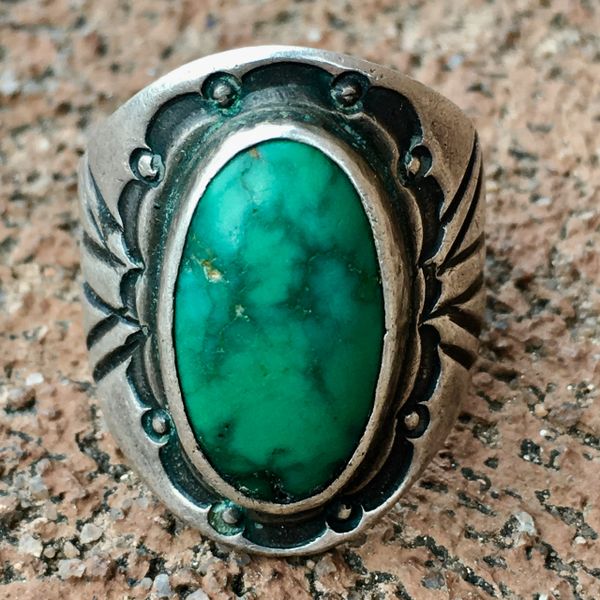 SOLD 1920s CIGAR BAND CHISELED SILVER INGOT CERILLOS TURQUOISE RING