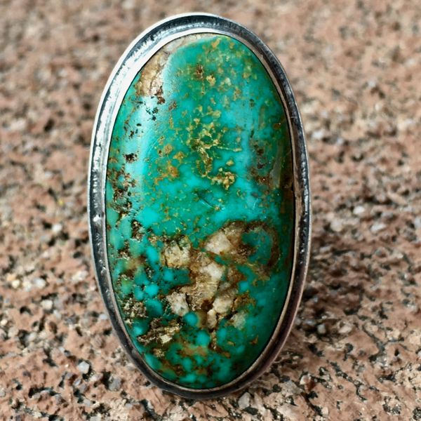 SOLD 1930s FINGER LONG LOW PROFILE GREEN BLUE OVAL TURQUOISE with QUARTZ RING