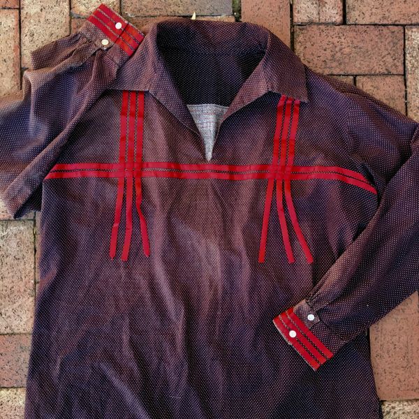 SOLD 1950s MENS NAVAJO AUBERGINE SUNFADED POLKA DOT CEREMONIAL RIBBON SHIRT SYNTHETIC