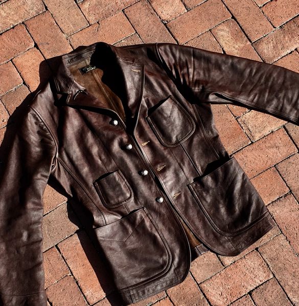 SOLD 2016 RRL BUFFALO 1910s BLAZER HEAVILY OILED, BUFFED & with 1900 NAVAJO CHISELED SILVER COIN CONCHO BUTTONS