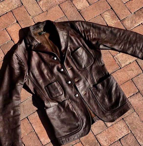 SOLD 2016 RRL LEATHER 1910s BLAZER HEAVILY OILED, BUFFED & with 1900 NAVAJO CHISELED SILVER COIN CONCHO BUTTONS