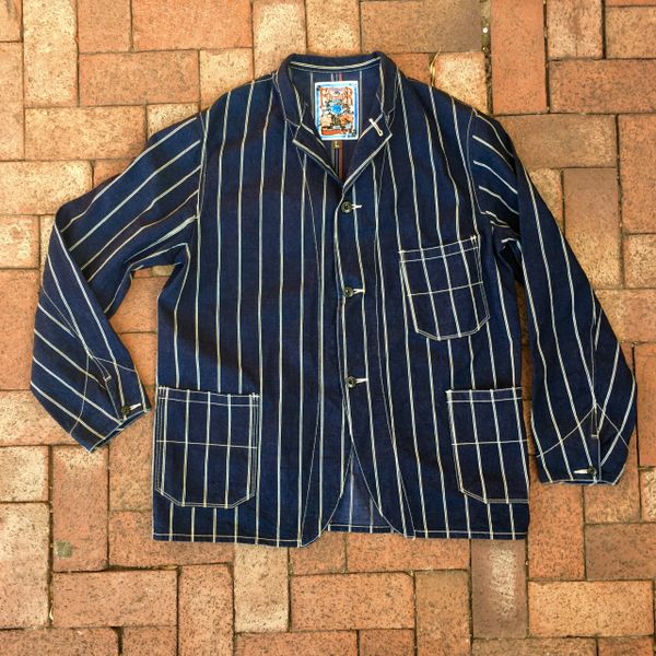 SOLD JAPAN PINSTRIPED INDIGO DENIM CHORE COAT by FREEWHEELERS JAPAN