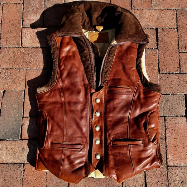 SOLD 1980s BUFFALO LEATHER CORDUROY PUFFER VEST