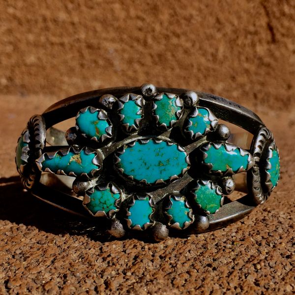 SOLD 1940s 13 STONE TURQUOISE SILVER CUFF HANDMADE BEZELS SMALL WRIST