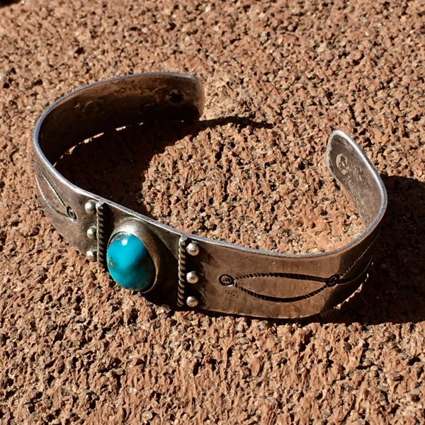 SOLD 1920s INGOT SILVER TURQUOISE CUFF BRACELET