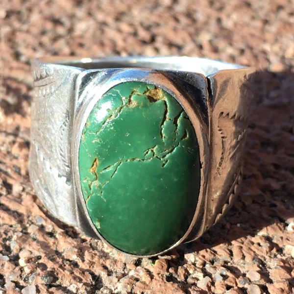 SOLD 1900s INGOT SILVER BIG CERILLOS TURQUOISE MENS CIGAR BAND RING