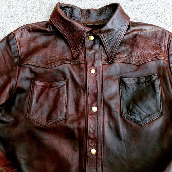 SOLD 1970s MAYBE LEVIS 201 OILED DISTRESSES LEATHER WESTERN SHIRT 38