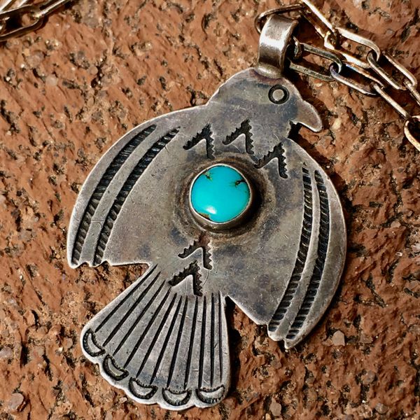 SOLD 1920s SMALL - MEDIUM SIZED SILVER TURQUOISE STAMPED FRED HARVEY ERA THUNDERBIRD PENDANT ON NEW CHAIN