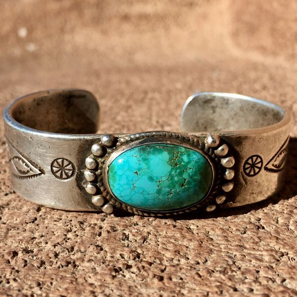 SOLD 1910s INGOT SILVER TURQUOISE PUEBLO CUFF