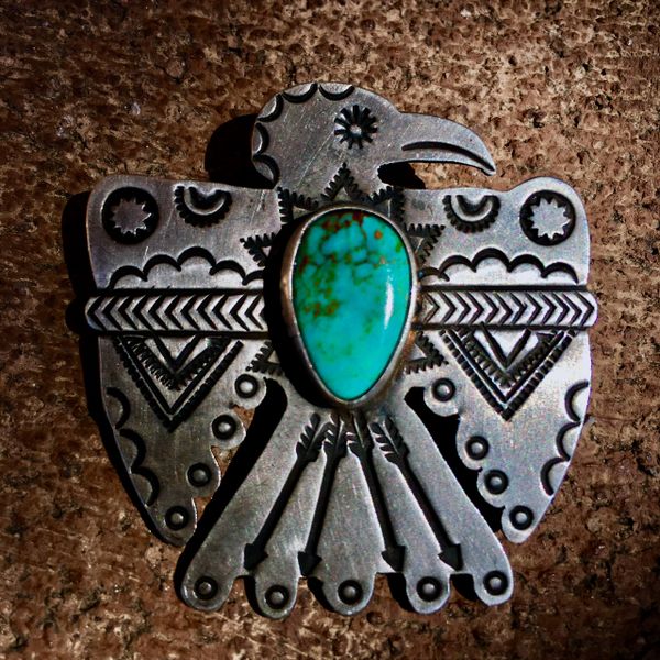 SOLD REPRODUCTION1920s INGOT SILVER TURQUOISE THUNDERBIRD PIN