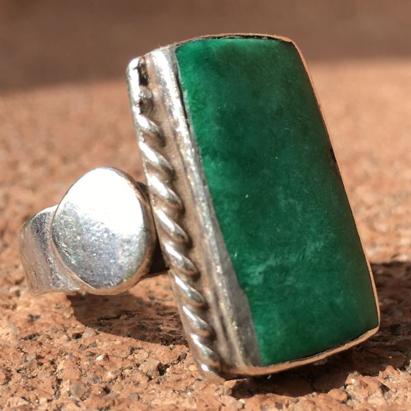 SOLD 1920s INGOT SILVER LONG GREEN RECTANGLE TURQUOISE RING