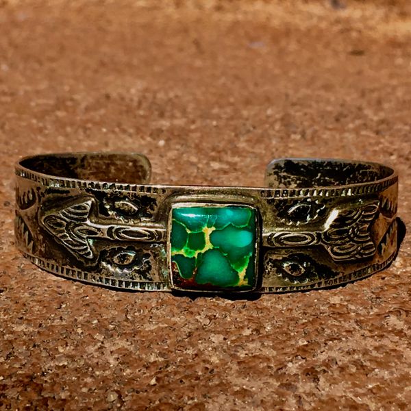 SOLD 1920s INGOT SILVER APPLIQUE' ARROW SQUARE GREEN TURQUOISE STAMPED BRACELET