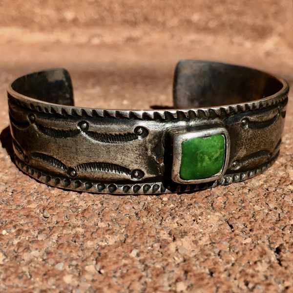 SOLD 1914 JANUARY ARIZONA GREEN SQUARE TURQUOISE SILVER INGOT STAMPED CUFF BRACELET