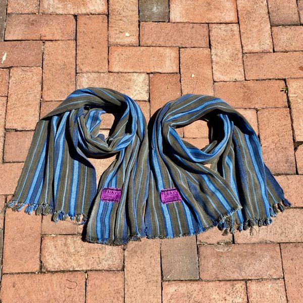 1900s SLIM FRINGED HAND DYED INDIGO BROWN & BLUE SCARF