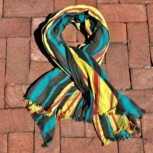 SOLD 1800S THIN HAND DYED YELLOW, PINK & BLUE SCARF