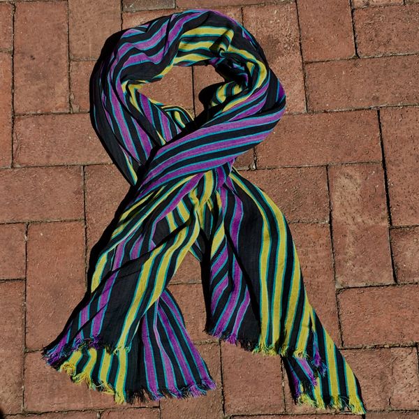 SOLD 1900s THIN HAND DYED PURPLE, YELLOW, BLACK & BLUE SCARF