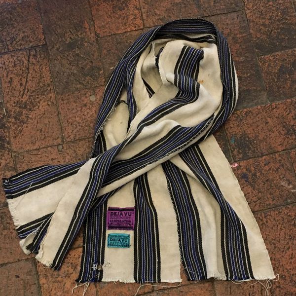 SOLD 1900s SLIM HAND DYED CREAM, INDIGO, BLACK & BLUE SCARF