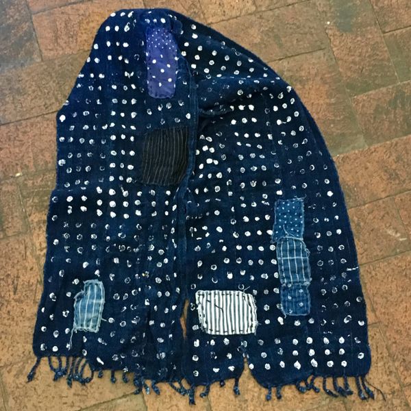 SOLD FRINGED HAND POLKA DOTTED HANDSPUN HAND DYED INDIGO YARN HANDWOVEN HANDSEWN WABASH #1