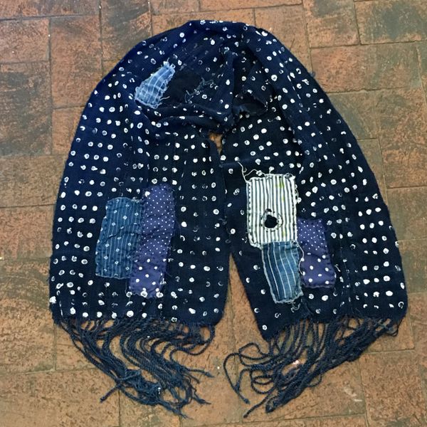 SOLD FRINGED HAND POLKA DOTTED HANDSPUN HAND DYED INDIGO YARN HANDWOVEN HANDSEWN WABASH #2