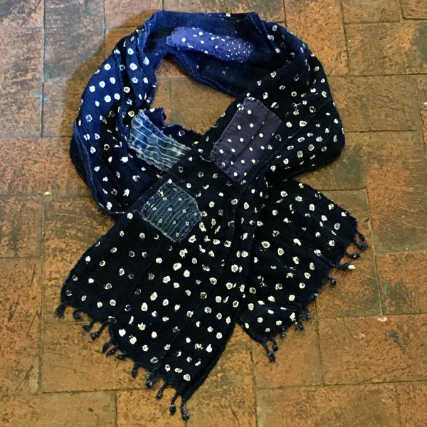 SOLD FRINGED HAND POLKA DOTTED HANDSPUN HAND DYED INDIGO YARN HANDWOVEN HANDSEWN WABASH #3