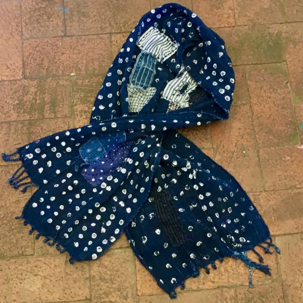 SOLD FRINGED HAND POLKA DOTTED HANDSPUN HAND DYED INDIGO YARN HANDWOVEN HANDSEWN WABASH #4