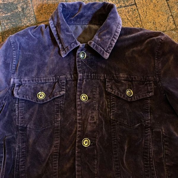 SOLD PURPLE COTTON VELVET TRUCKER JACKET HEAVY BRASS BUTTONS