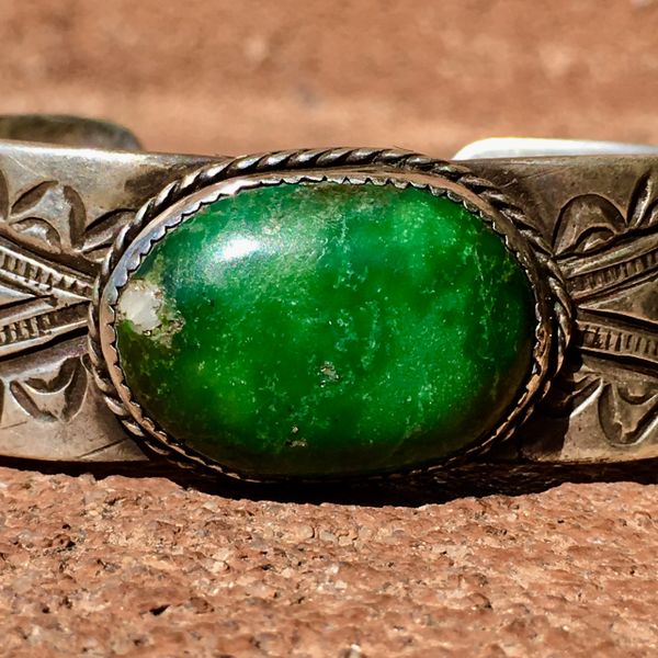 SOLD 1880s INGOT SILVER FILE STAMPED CUFF WITH ENORMOUS OVAL GREEN DOMED 1920s TURQUOUSE CUFF BRACELET