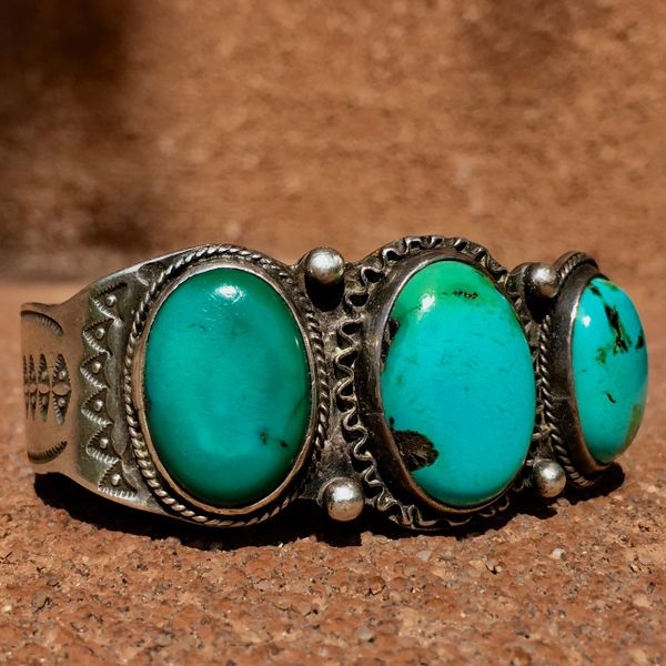 SOLD 1920s INGOT SILVER STAMPED 3 BIG TURQUOISE BLUE GREEN STONES