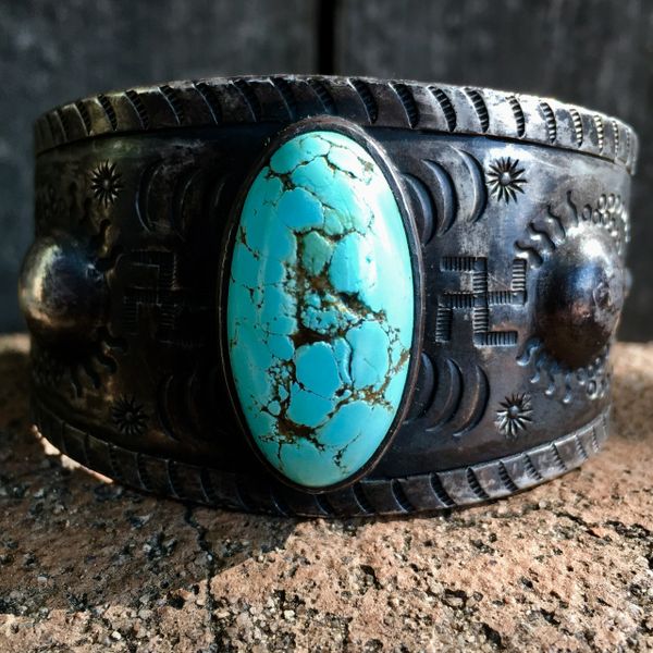 SOLD 1920s H. H. TAMMEN (also located in ABQ) REPOUSSE' WHIRLING LOG HUGE INGOT SILVER ROBIN'S EGG TURQUOISE MENS CUFF