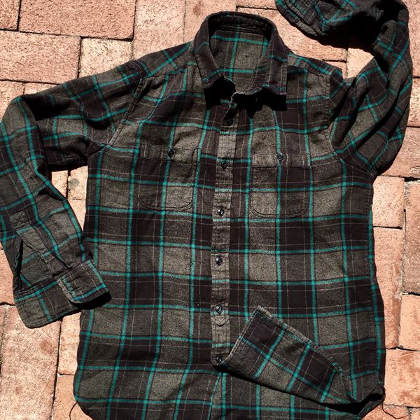 SOLD THIN SOFT BLACK TURQUOISE FLANNEL PLAID SHIRT