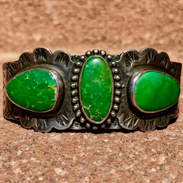 SOLD 1920s 3 BIG CERILLOS TURQUOISE STONES BUSY STAMPED SILVER CUFF