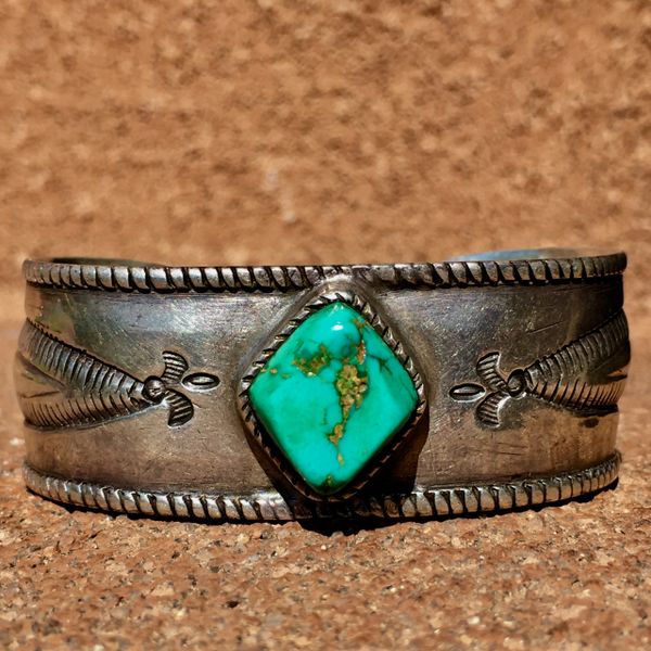 SOLD 1900s LYNN TRUSDELL'S COLLECTION INGOT SILVER CHISELED REPOUSSE TURQUOISE CUFF PUBLISHED IN BOOKS