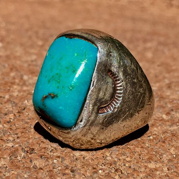 SOLD 1920s CAST SILVER STAMPED BLUE GEM TURQUOISE MENS RING