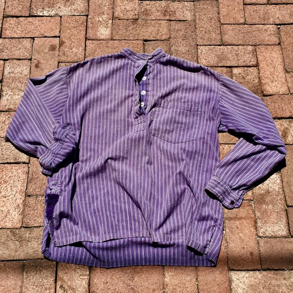 SOLD 1920s SUNFADED FRENCH PURPLE STRIPED BANDED COLLAR PATCHED UP SHIRT