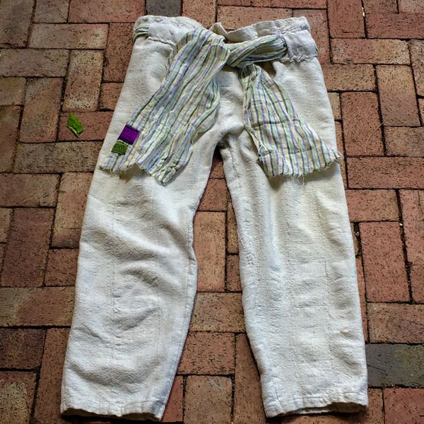 SOLD XXL PANTS OF HANDSPUN HANDWOVEN HANDSEWN COTTON WITH LINEN SASH BELT