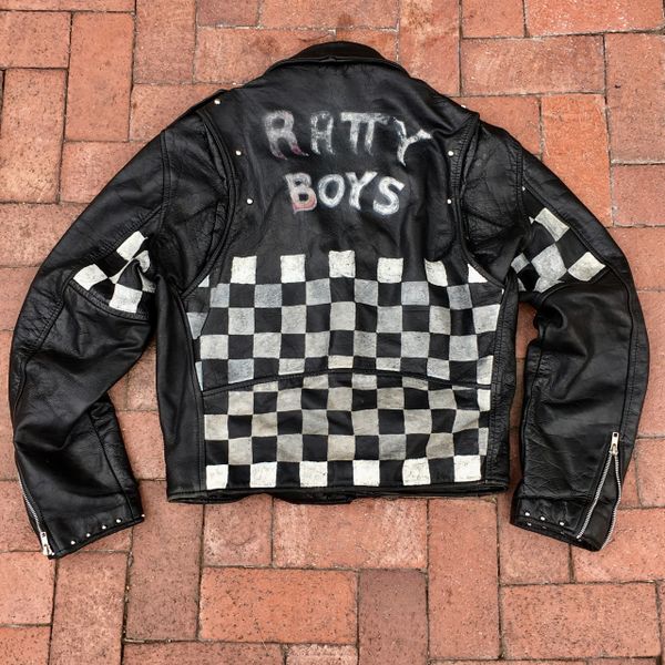 SOLD VINTAGE BIKER GANG RATTY BOYS STUDDED RACER FLAG PUNK ROCK LEATHER JACKET