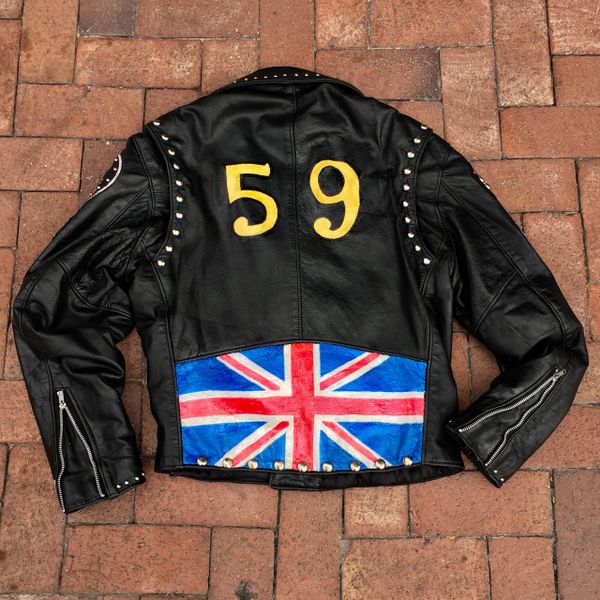 SOLD UNION JACK FLAG BIKER GANG BRITISH THE 59 RACER FLAG PUNK ROCK STUDDED PATCHED LEATHER JACKET