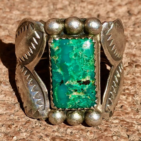 SOLD 1920s REPOUSSE' STAMPED RECTANGLE TURQUOISE OR CHRYSOCOLLA INGOT SILVER RING