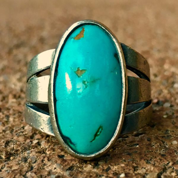 SOLD 1920s LIGHT BLUE TURQUOISE SPLIT SHAMK INGOT SILVER PINKY RING