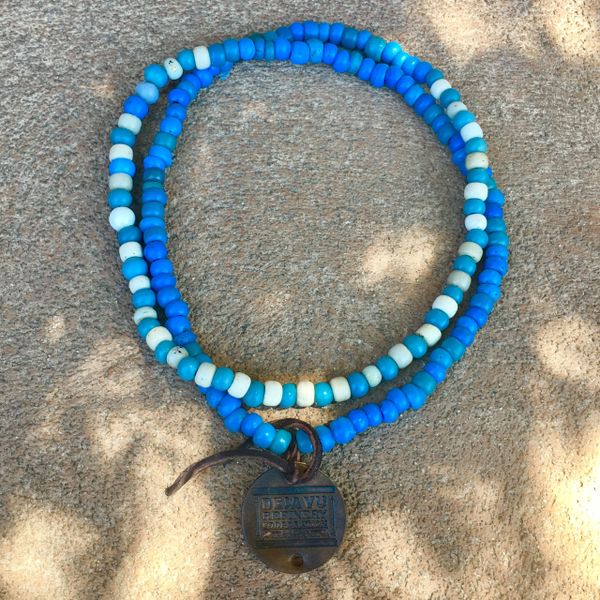SOLD 1800s AMERICAN GLASS PADRE TRADE BEADS BLUE & WHITE EXTRA LONG