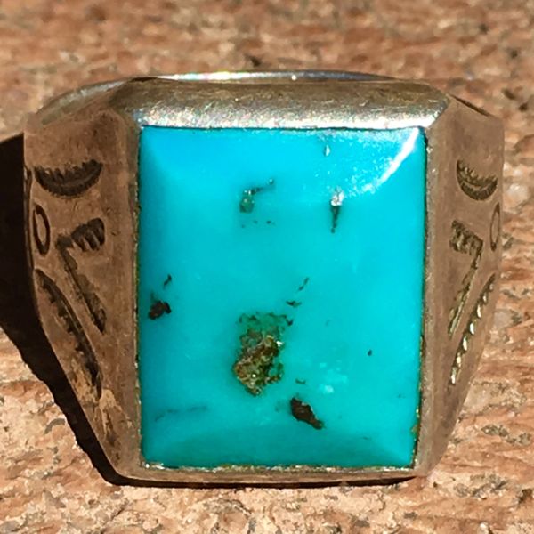 SOLD 1920s BRIGHT BLUE SQUARE TURQUOISE STAMPED SILVER MENS RING