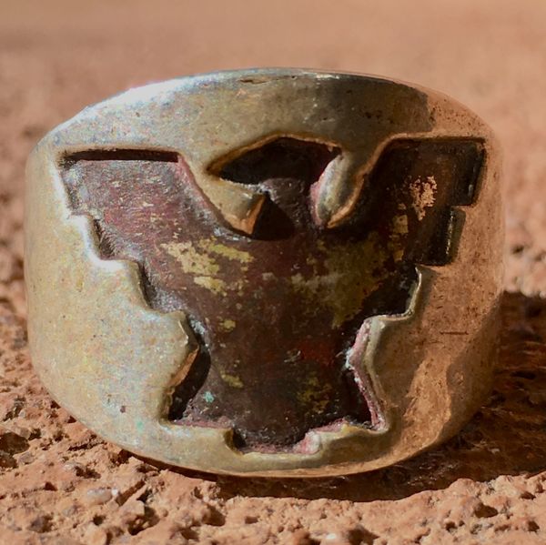 SOLD 1940s INGOT SILVER HOPI OVERLAY THUNDERBIRD CIGAR BAND RING