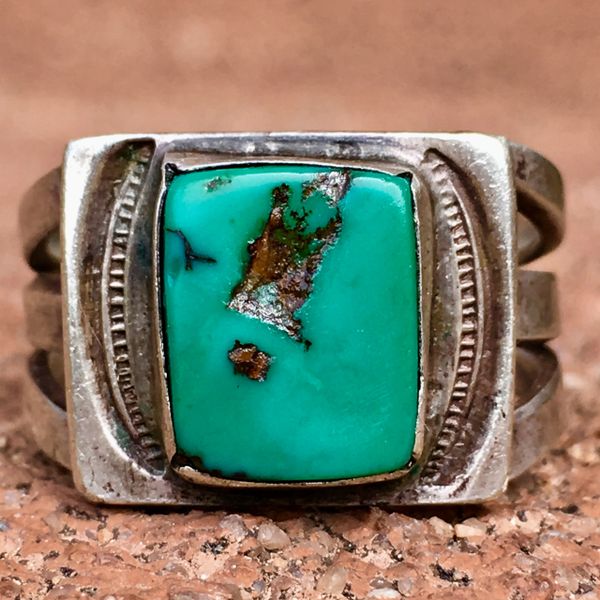 SOLD 1920s SMALL SQUARE BLUE TURQUOISE SILVER INGOT STAMPED RING