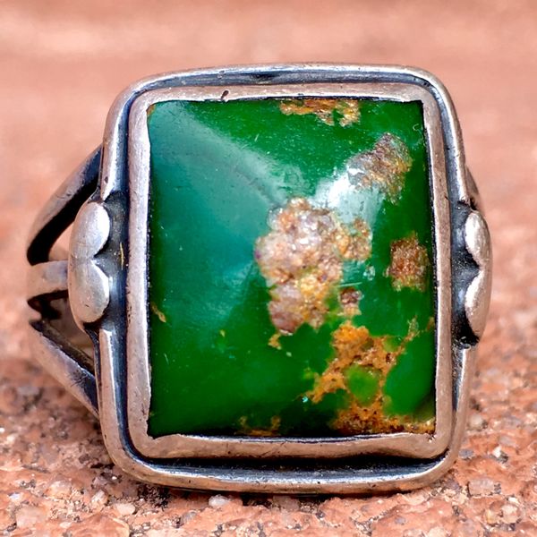 SOLD 1920s INGOT SILVER DEEP GREEN TURQUOISE SQUARE RING