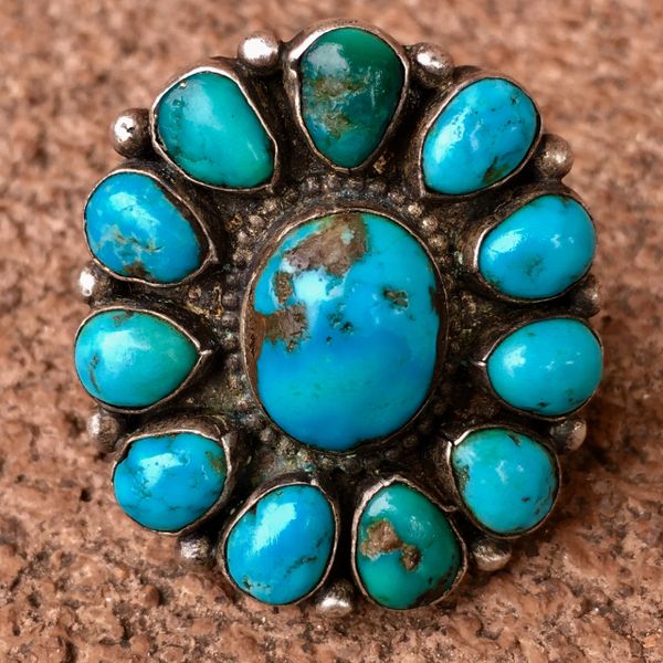 SOLD 1930s VIVID BLUE DOMED TURQUOISE 12 STONE INGOT SILVER RING