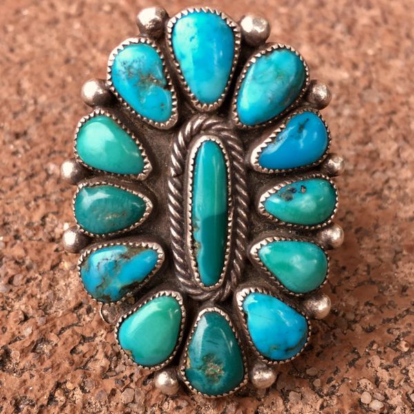 SOLD 1940s SIGNED BRIGHT BLUE & GREEN 13 TURQUOISE STONE SILVER RING