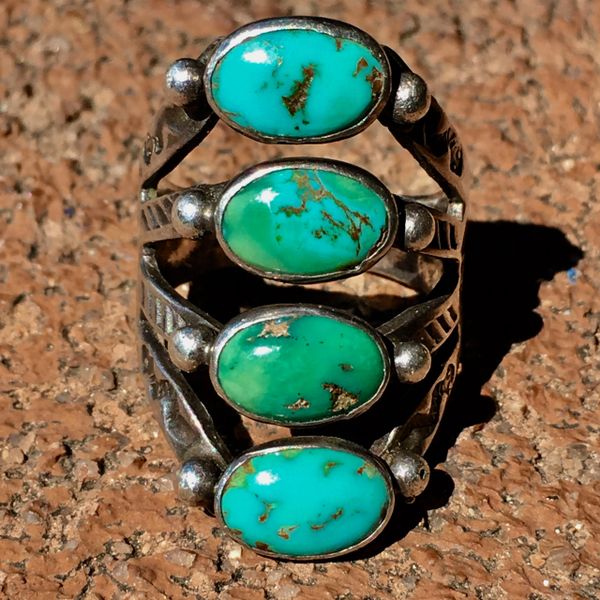 SOLD 1920s SNAKE & FLOWER STAMPED SILVER 4 BLUE GREEN TURQUOISE STONE RING